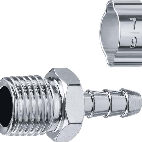 Переходник штуцер ″елочка″ 6 мм - 1/4″М Наруж.., с обжимным хомутом Зубр Профессионал 64924-1/4-06